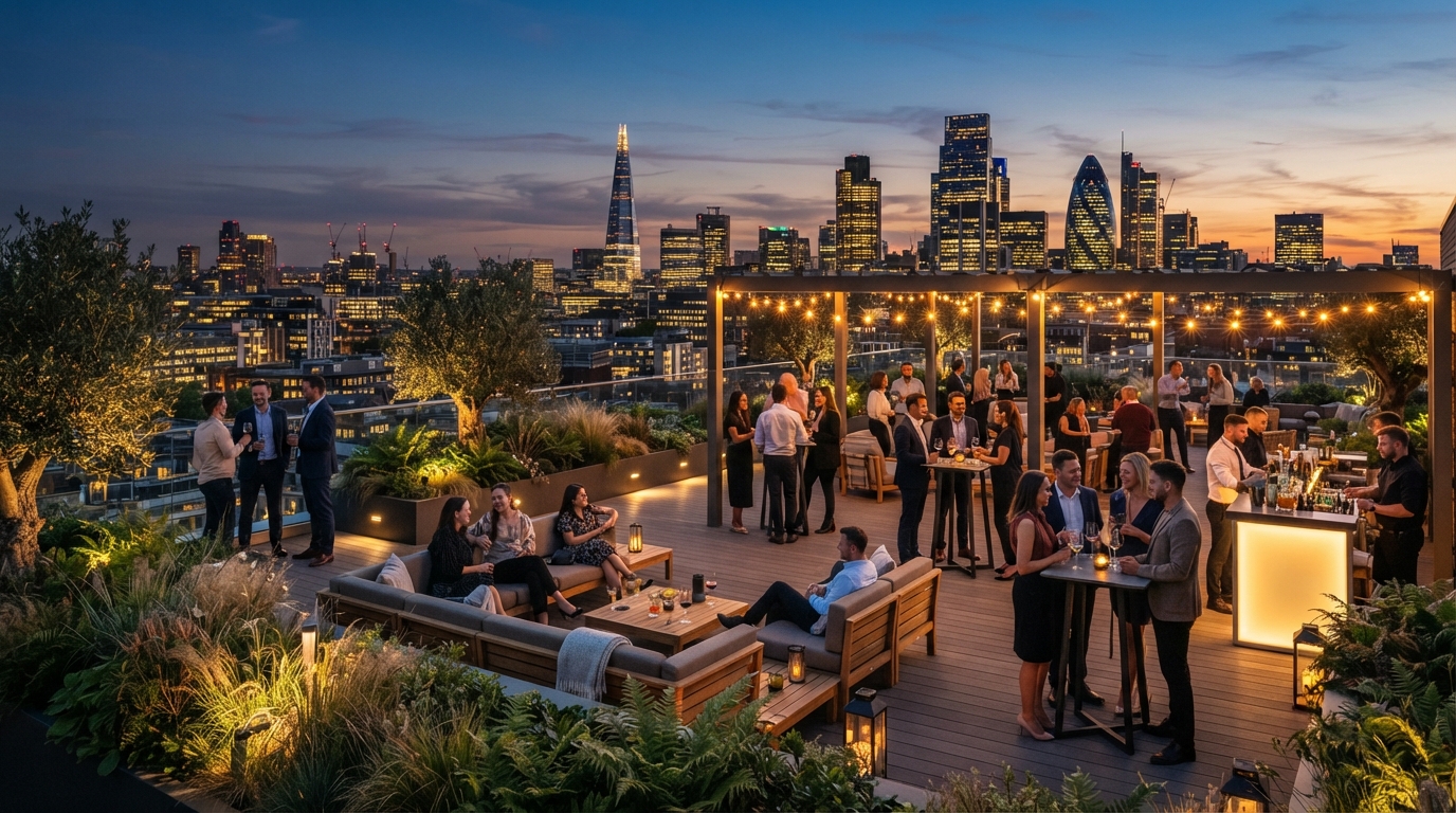 Encuentro de la comunidad Nexo en una terraza al atardecer con la ciudad de fondo.