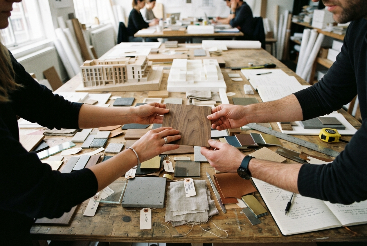 Equipo selecciona muestras de materiales sostenibles para diseñar un espacio de trabajo.