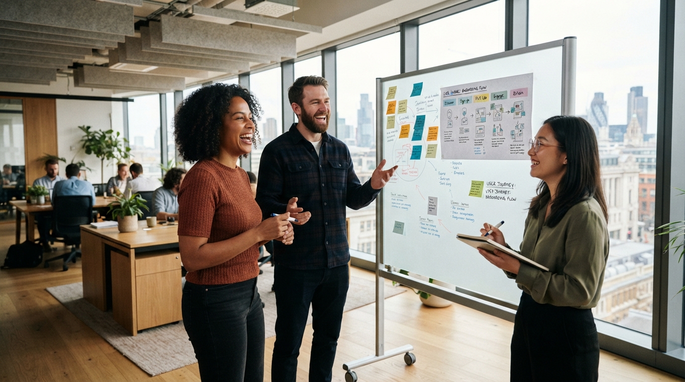 Tres integrantes de un equipo construyen una idea frente a una pizarra en un taller colaborativo.