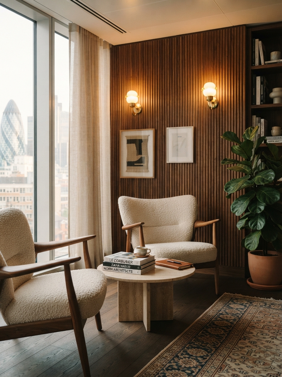 Sala de descanso serena con sillones cómodos, libros y plantas junto a una ventana.